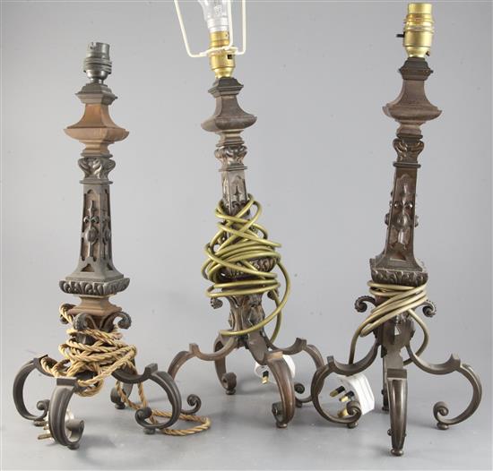 A pair of bronze table lamps, possibly to a design by Edward Middleton Barry, circa 1900, H. 15in.